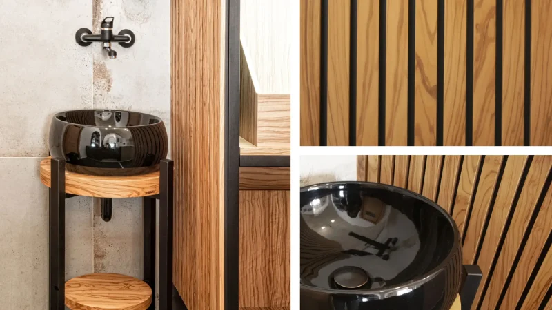Lavabo bagno su misura Panificio Anselmo in ceramica e legno d’ulivo