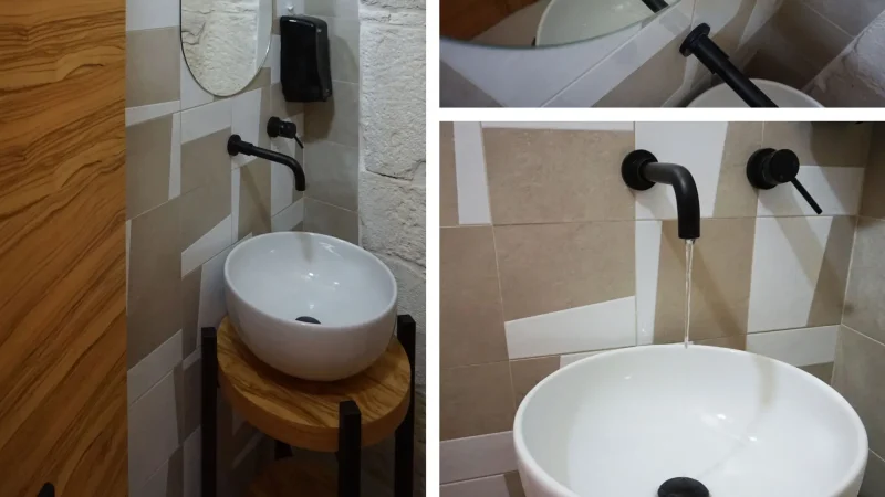 Lavabo bagno Panificio Anselmo seconda vista, ceramica e legno d’ulivo